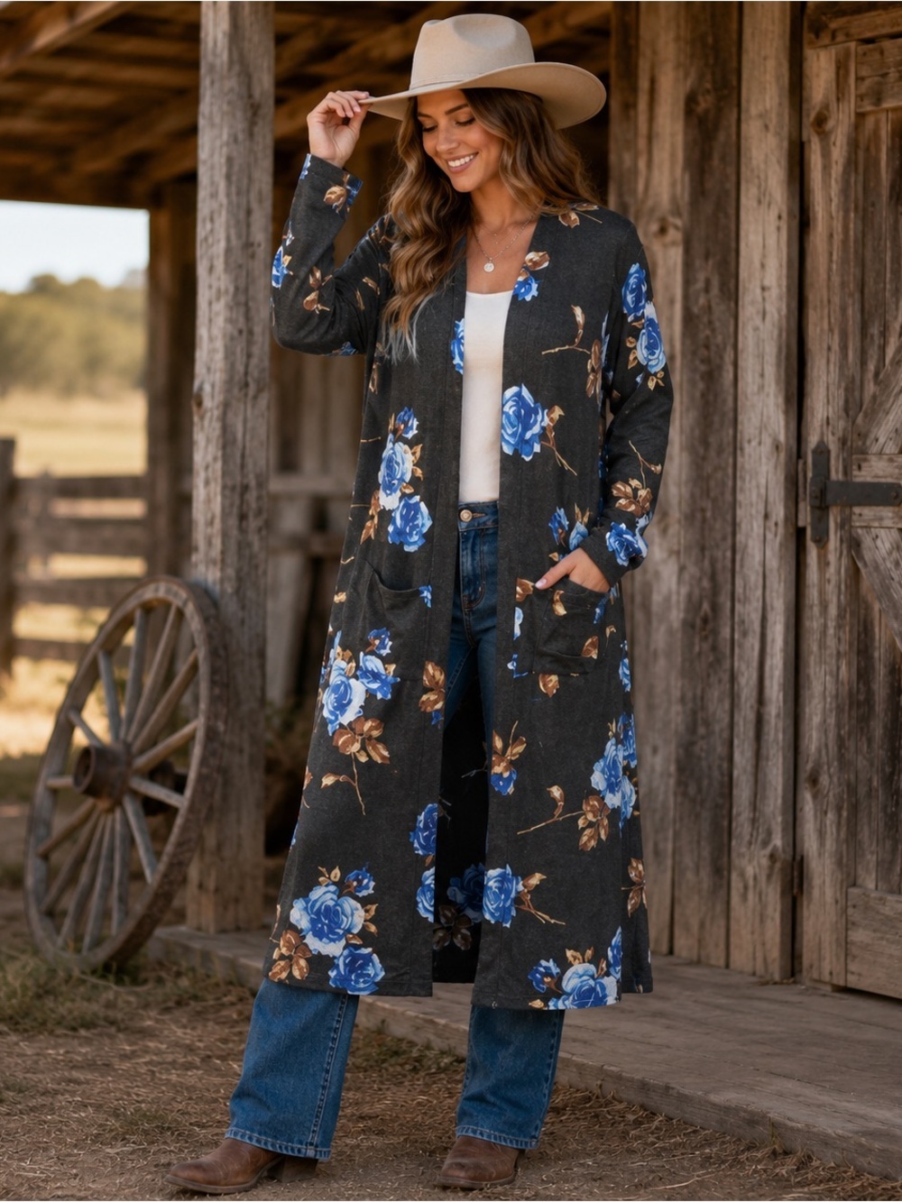 Floral Blue Rose Long Duster Cardigan Open Front Stretch XL Front Pockets NWT